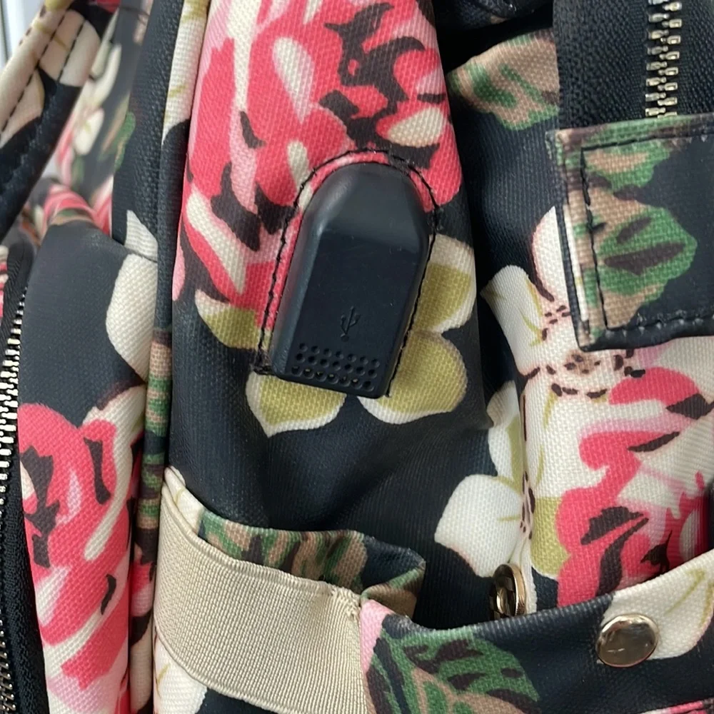 Floral Convertible Backpack Tote - Black with Pink Roses